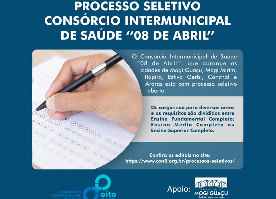 Consórcio Intermunicipal de Saúde abre inscrições para dois processos seletivos com vagas para Mogi Guaçu 