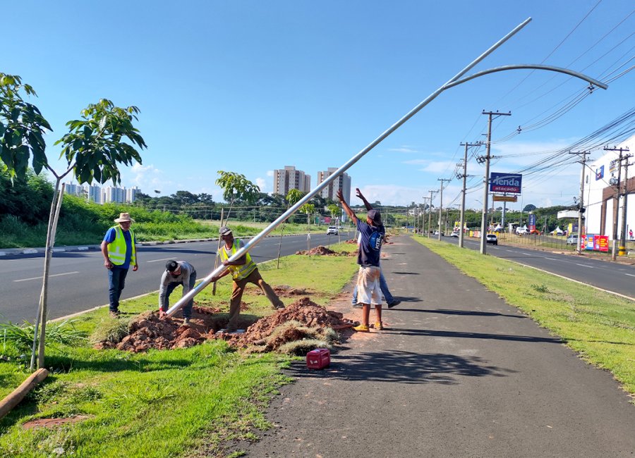 Nova iluminação em LED começa a ser instalada no canteiro central da Avenida Brasil