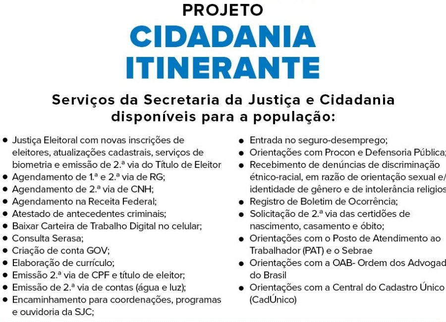 Cidadania Itinerante terá serviços gratuitos de documentação e orientação jurídica para a população 